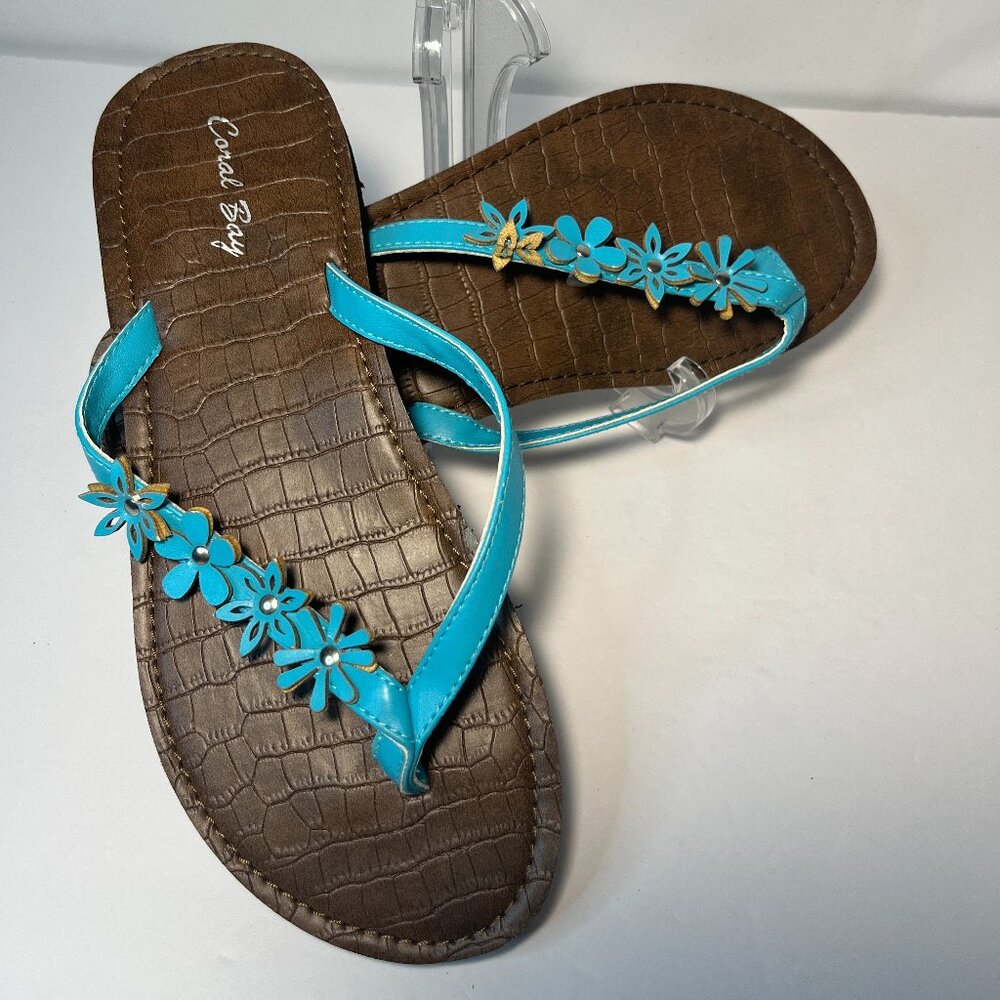 Coral Bay Teal Flip Flop Sandals With Flowers